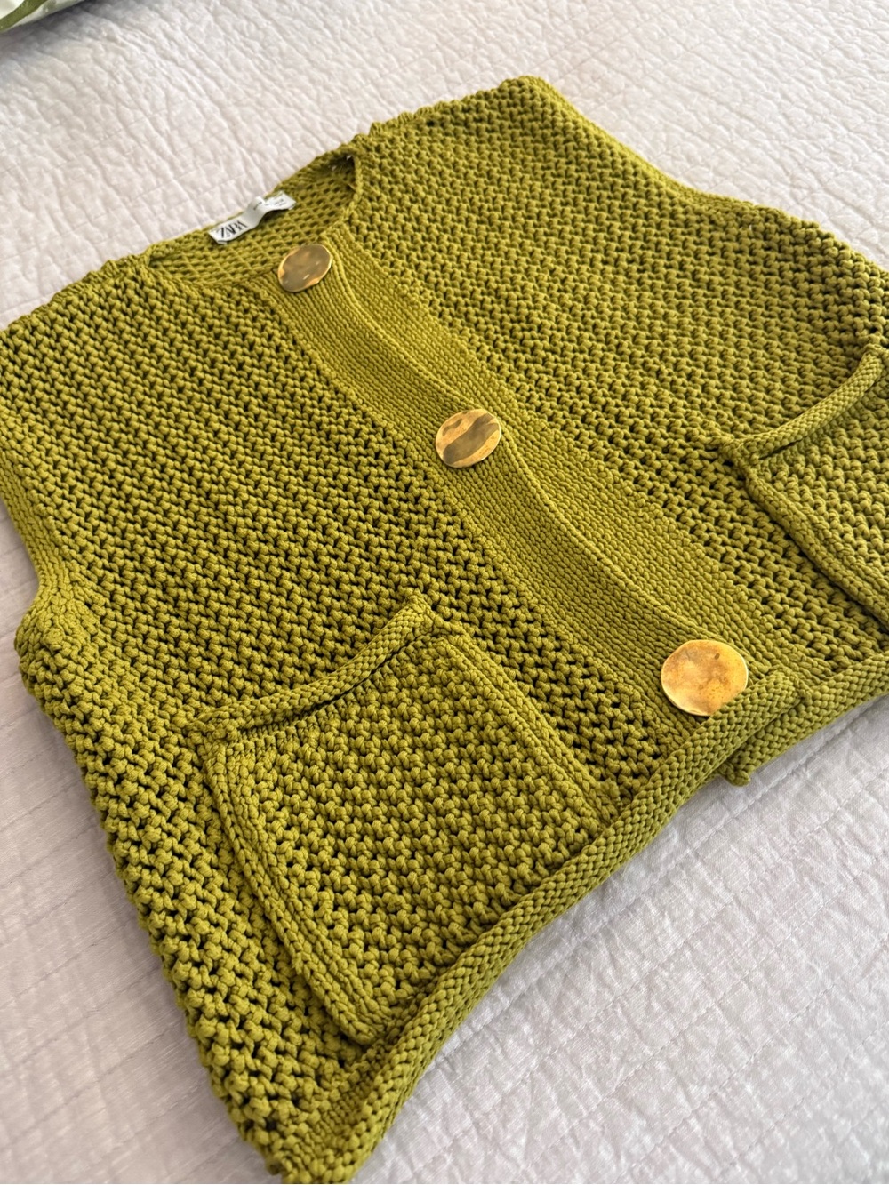 ZARA Chunky Knit Button Vest Cardigan Olive Green Gold Buttons Size M - Picture 5 of 7